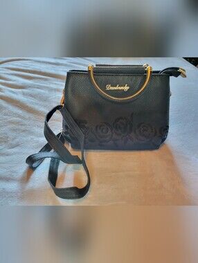 Danbaoly | Black Faux Leather Floral Embossed Satchel with Gold Accents